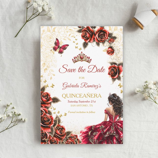 Röd Guld Tiara Rosor Quinceañera Spara Datumet (Skapare uppladdad)