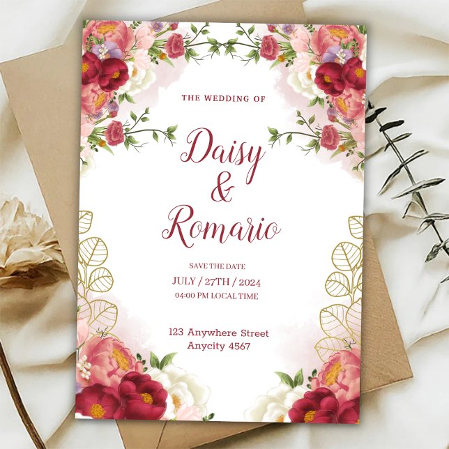Röd Guld Vattenfärg Blommig Spara Datum  Inbjudningar (Skapare uppladdad)