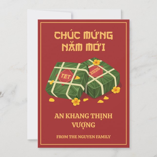 Röd & Guld Vietnamesisk Tet 2026 Banh Chung Julkort (Framsida)