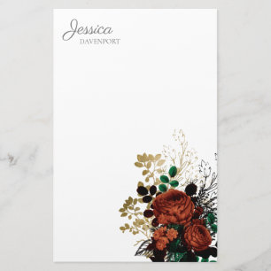 Röd Guld Vintage Vattenfärg Blommig Brevpapper