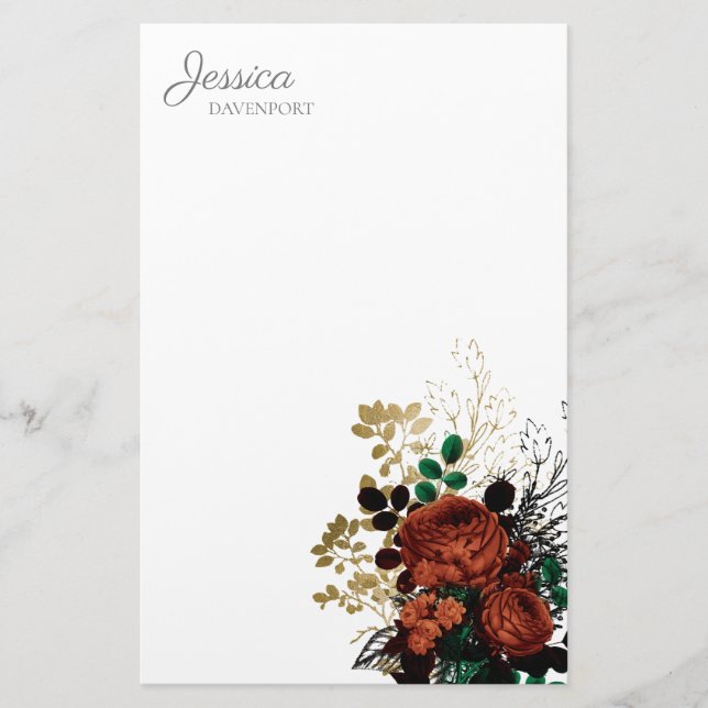 Röd Guld Vintage Vattenfärg Blommig Brevpapper (Framsida)