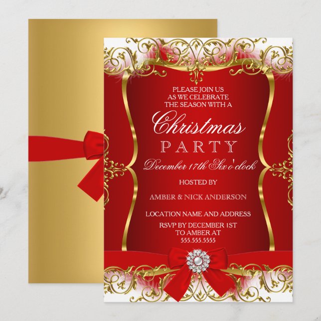 Röd Guld Vit Damastslinga Julfest Inbjudan (Fram/baksida)