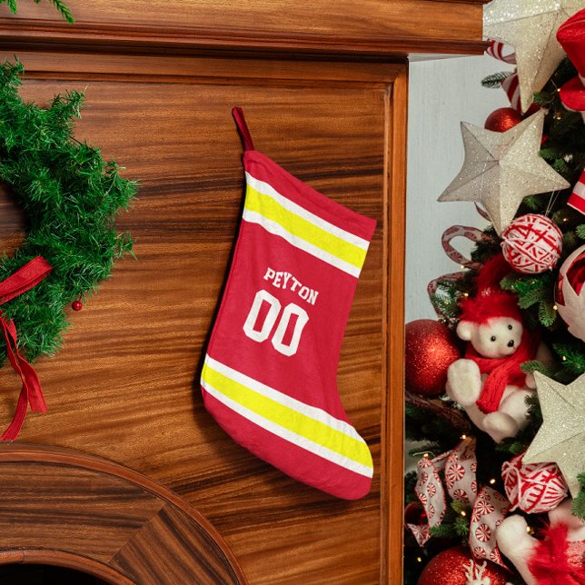 Röd, guld- & vitfotbollslagpersonlig liten julstrumpa (Skapare uppladdad)