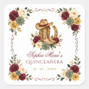 Röd Guld Western Häst Blommig Charra Quinceañera Fyrkantigt Klistermärke