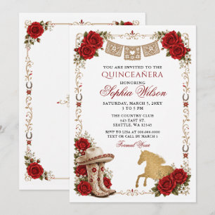 Röd Guld Western Häst Blommig Charra Quinceañera Inbjudningar