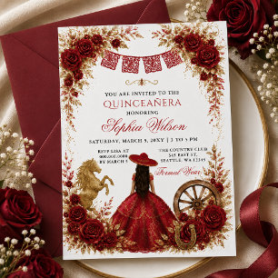 Röd Guld Western Häst Blommig Charra Quinceañera Inbjudningar