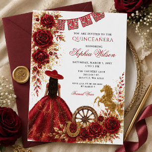 Röd Guld Western Häst Blommig Charra Quinceañera Inbjudningar