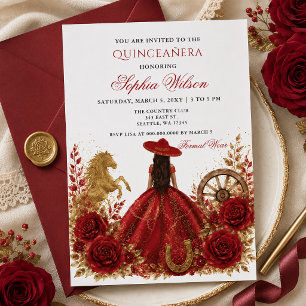 Röd Guld Western Häst Blommig Charra Quinceañera Inbjudningar