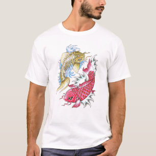 Röd guld- Yin Yang för kall orientalisk Koi fisk Tee