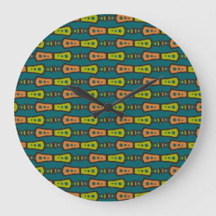 Röd, Gult Abstrakt Tribal på Teal: Wall Clock Stor Klocka