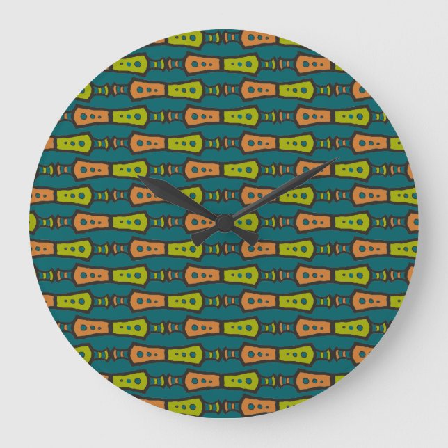 Röd, Gult Abstrakt Tribal på Teal: Wall Clock Stor Klocka (Framsida)
