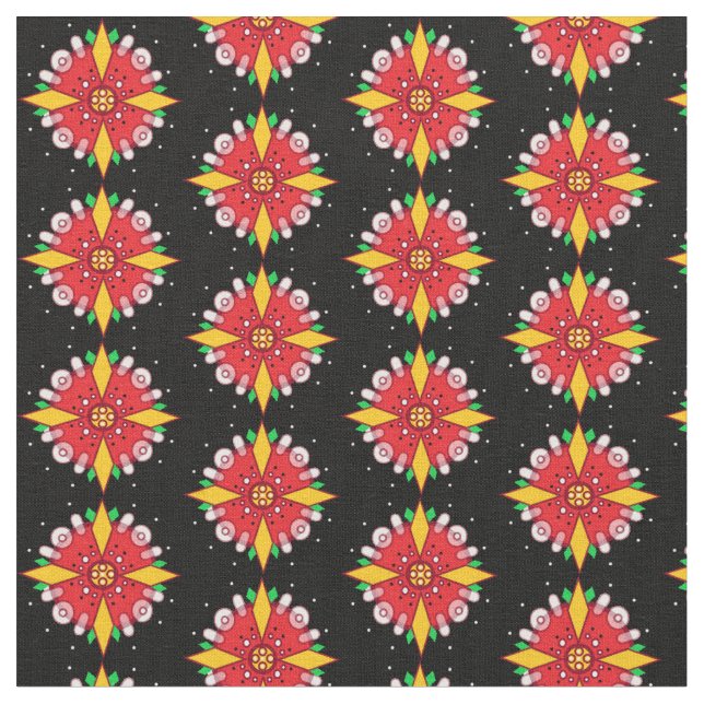 Röd Gult, Blommigt Tyg (Närbild)