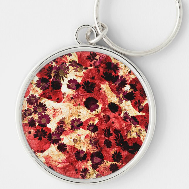 Röd gult daisy blomma mönster abstrakt design rund silverfärgad nyckelring (Framsidan)