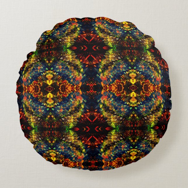 Röd Gult Grönt på Mörk, Blötad papper? Rund Kudde (Framsidan)