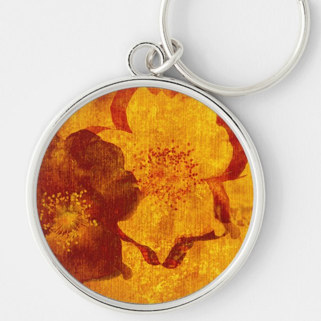 Röd gult - grunge digital grafik rund silverfärgad nyckelring (Framsidan)
