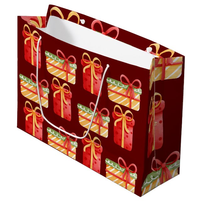 Röd, Gult julklapp Mörk Red Large Gift Bag (Framsidan Vinklad)
