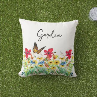 Röd Gult och blå Blommigt med fjäril Kudde