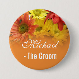 Röd, gult och orange, daisy, groom bröllop knapp