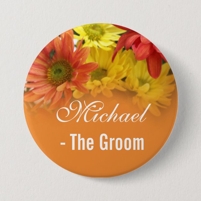 Röd, gult och orange, daisy, groom bröllop knapp (Framsida)