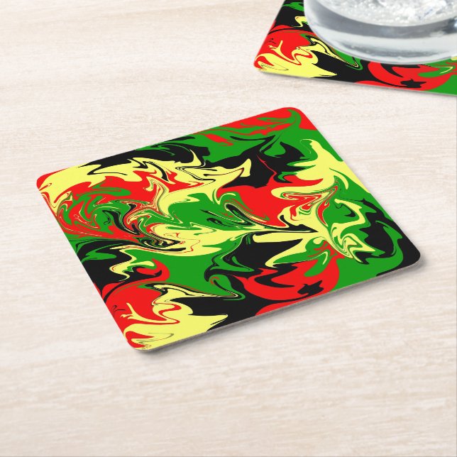 Röd, Gult, Svart och Grönt Swirls Underlägg Papper Kvadrat (Vinklad)