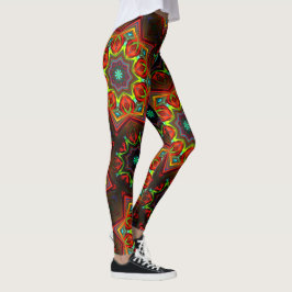 Röd gult vriden åttapunktad stjärna kaleidoskop leggings