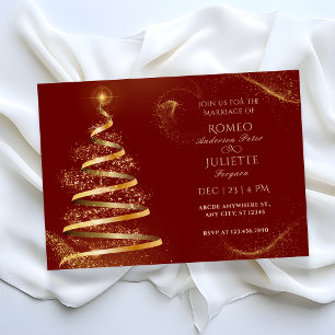 Röd gyllene elegant julgran bröllop inbjudningar