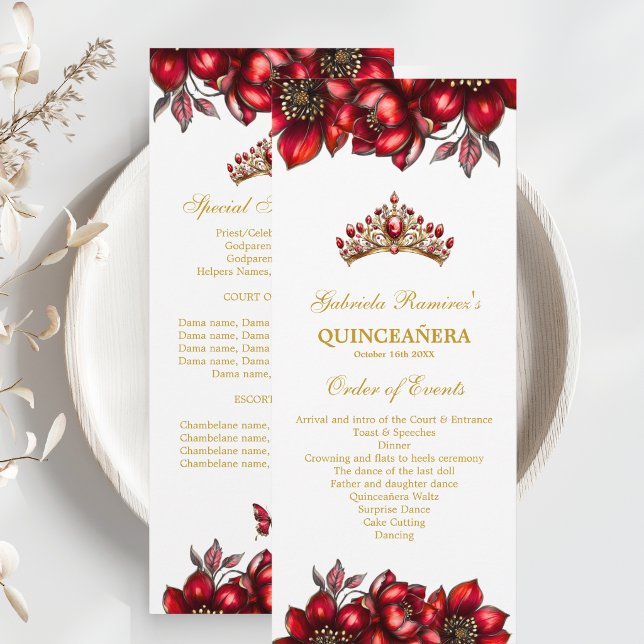 Röd gyllene tiara blomster Quinceañera  Program (Skapare uppladdad)