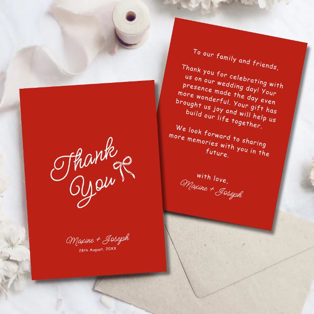 Röd Handritad Båg Ribbon Skiss Bröllop Tack Kort (Red hand drawn bow ribbon wedding thank you card makes every thank you feel more personal.)