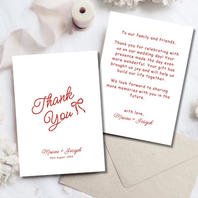Röd Handritad Båg Ribbon Skiss Bröllop Tack Kort (Red hand drawn bow ribbon wedding thank you card adds heartfelt charm to your gratitude.)