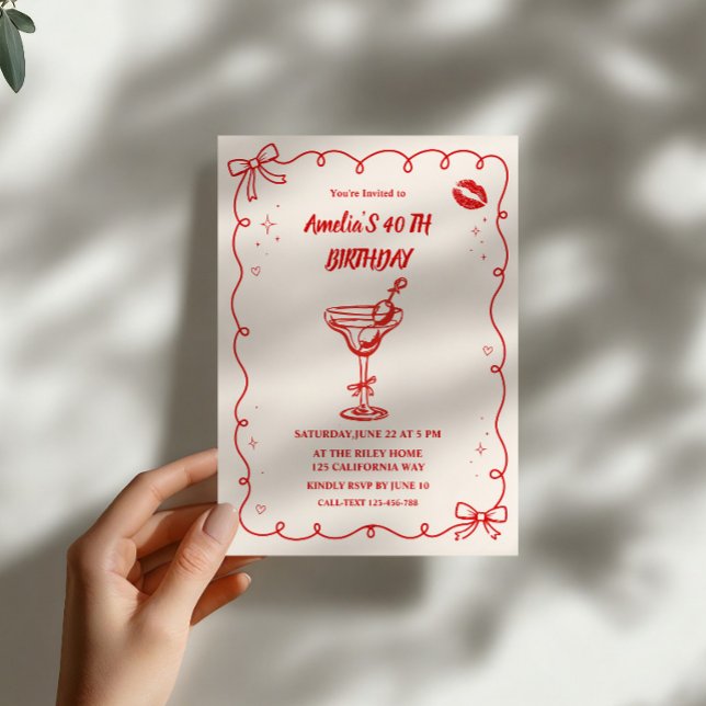 Röd handritad cocktail Födelsedagsfest  Inbjudningar (Skapare uppladdad)