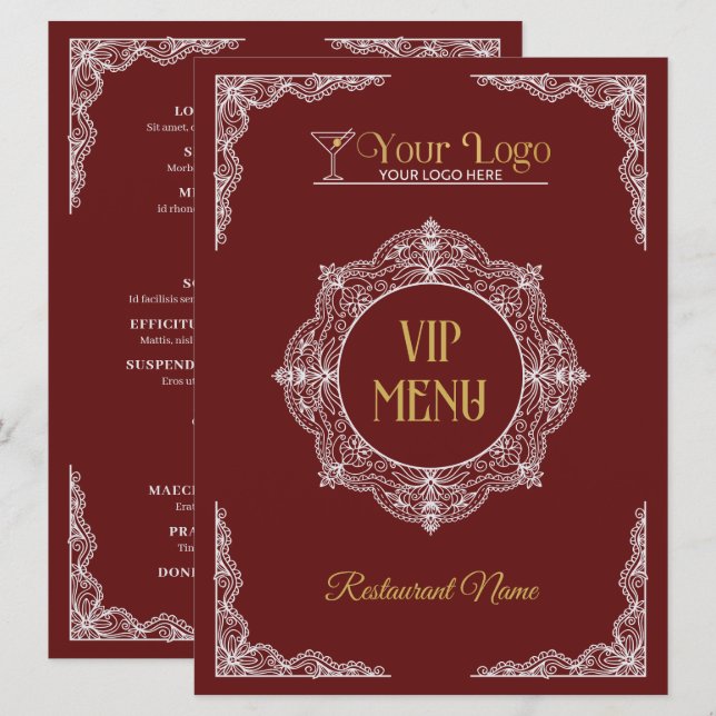 Röd Handritad Elegant Ornamenterad Din Logotyp VIP Meny (Fram/baksida)