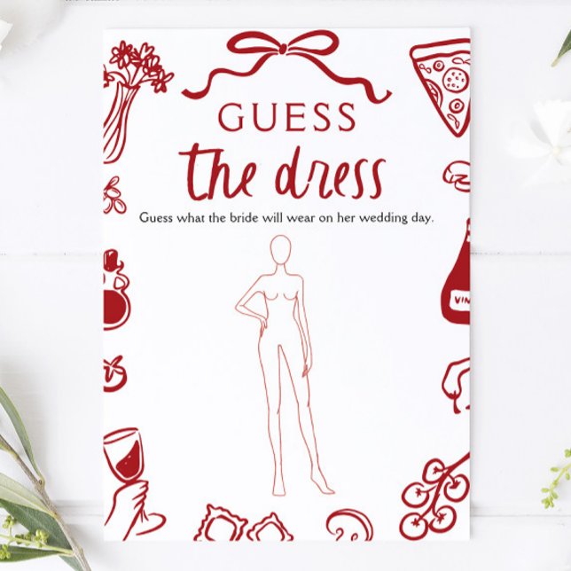 Röd Handritad Gissa Klänningen Bröllopsduschspel Inbjudningar (Red Hand Drawn Guess The Dress Bridal Shower Game)