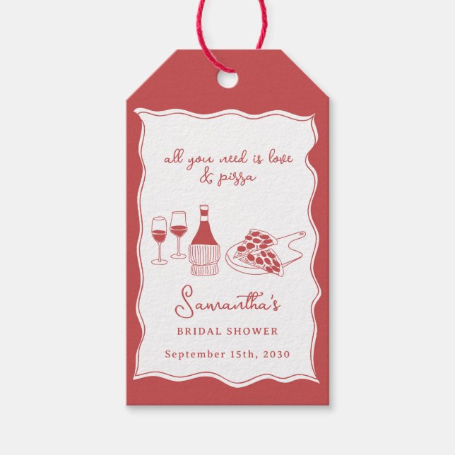 Röd handritad italiensk pizza vin bröllopsfest presentetikett (Framsidan)