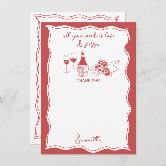 Röd Handritad Italiensk Pizza Vin Bröllopsfest Tack Kort (Fram/baksida)