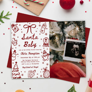 Röd Handritad Jul Tomte Baby Shower Foto Inbjudningar