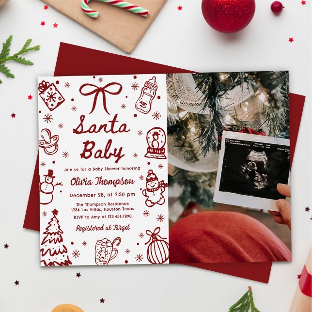 Röd Handritad Jul Tomte Baby Shower Foto Inbjudningar (Skapare uppladdad)