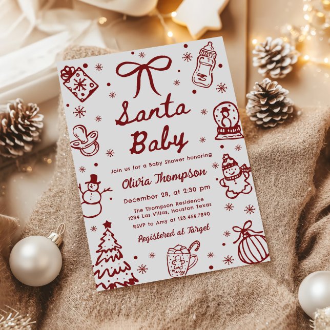 Röd Handritad Jul Tomte Bebisshower Inbjudningar (Skapare uppladdad)