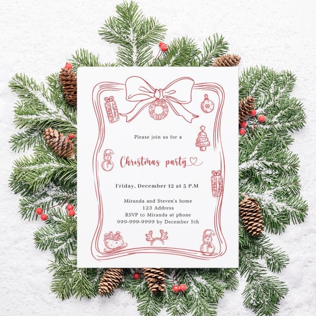 Röd handritad julfestinbjudan med bow (Skapare uppladdad)