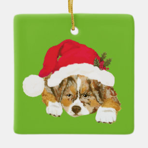 Röd hatt för Merle Aussie julvalp w/Santa Julgransprydnad Keramik