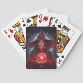 Röd häxa med kristallkula och fantastisk bakgrund casinokort