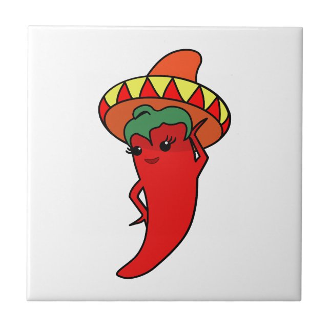 Röd het Kawaii peppardiva mexikansk sombrero Kakelplatta (Framsidan)