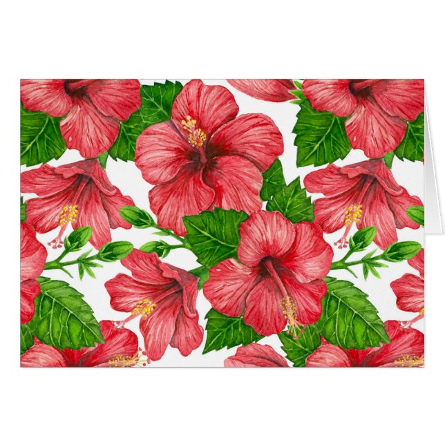 Röd hibiscus, vattenfärg mönster hälsningskort (Framsidan Horizontal)