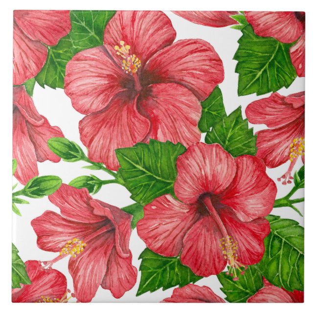 Röd hibiscus vattenfärg mönster kakelplatta (Framsidan)