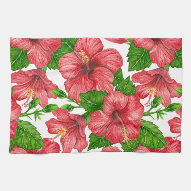 Röd hibiscus, vattenfärg mönster kökshandduk (Horisontell)