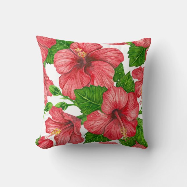 Röd hibiscus vattenfärg mönster kudde (Framsida)