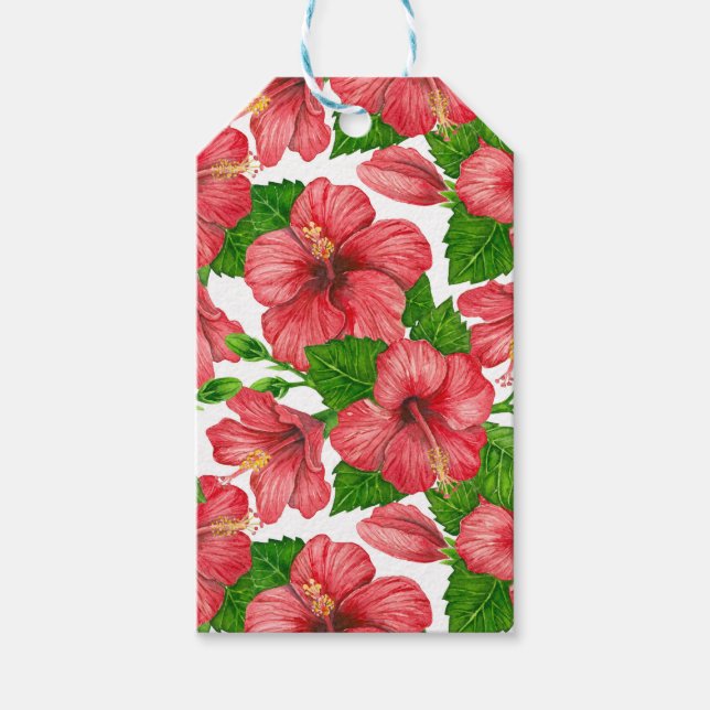 Röd hibiscus, vattenfärg mönster presentetikett (Framsidan)