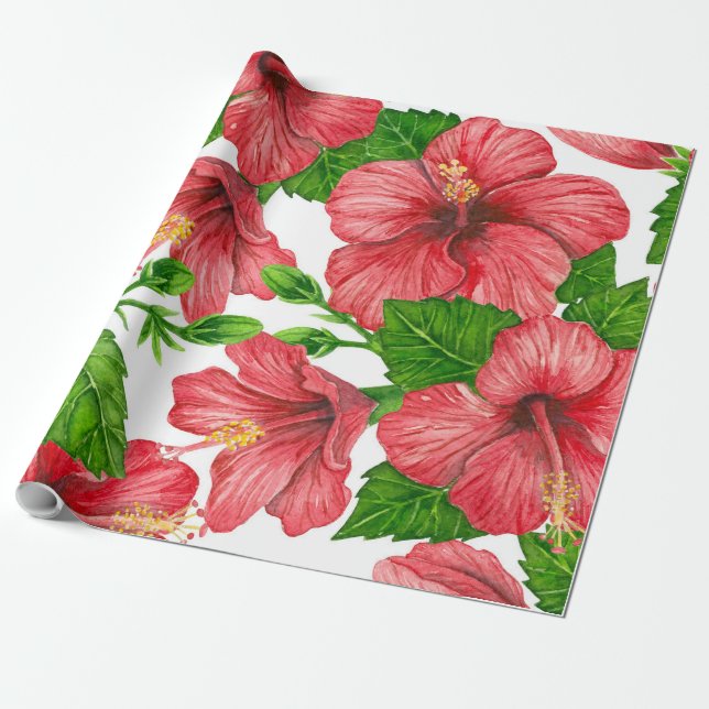Röd hibiscus, vattenfärg mönster presentpapper (Utrullad)