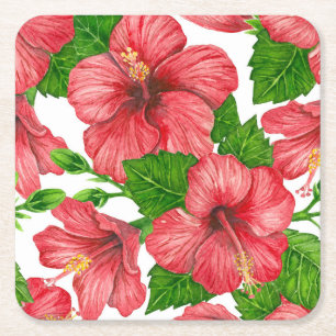 Röd hibiscus vattenfärg mönster underlägg papper kvadrat