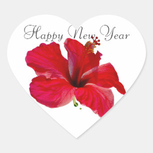 Röd hibiskus för gott nytt år hjärtformat klistermärke