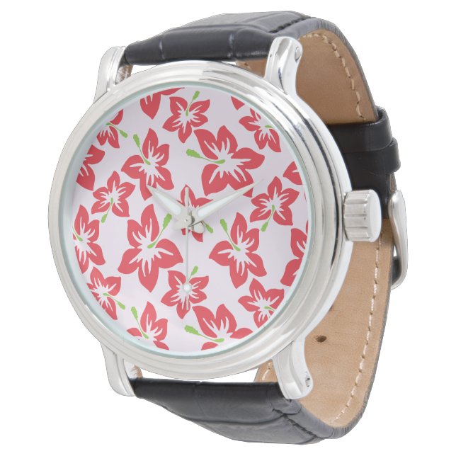 Röd hibiskus, röda blommor, blommönster armbandsur (Vinklad)